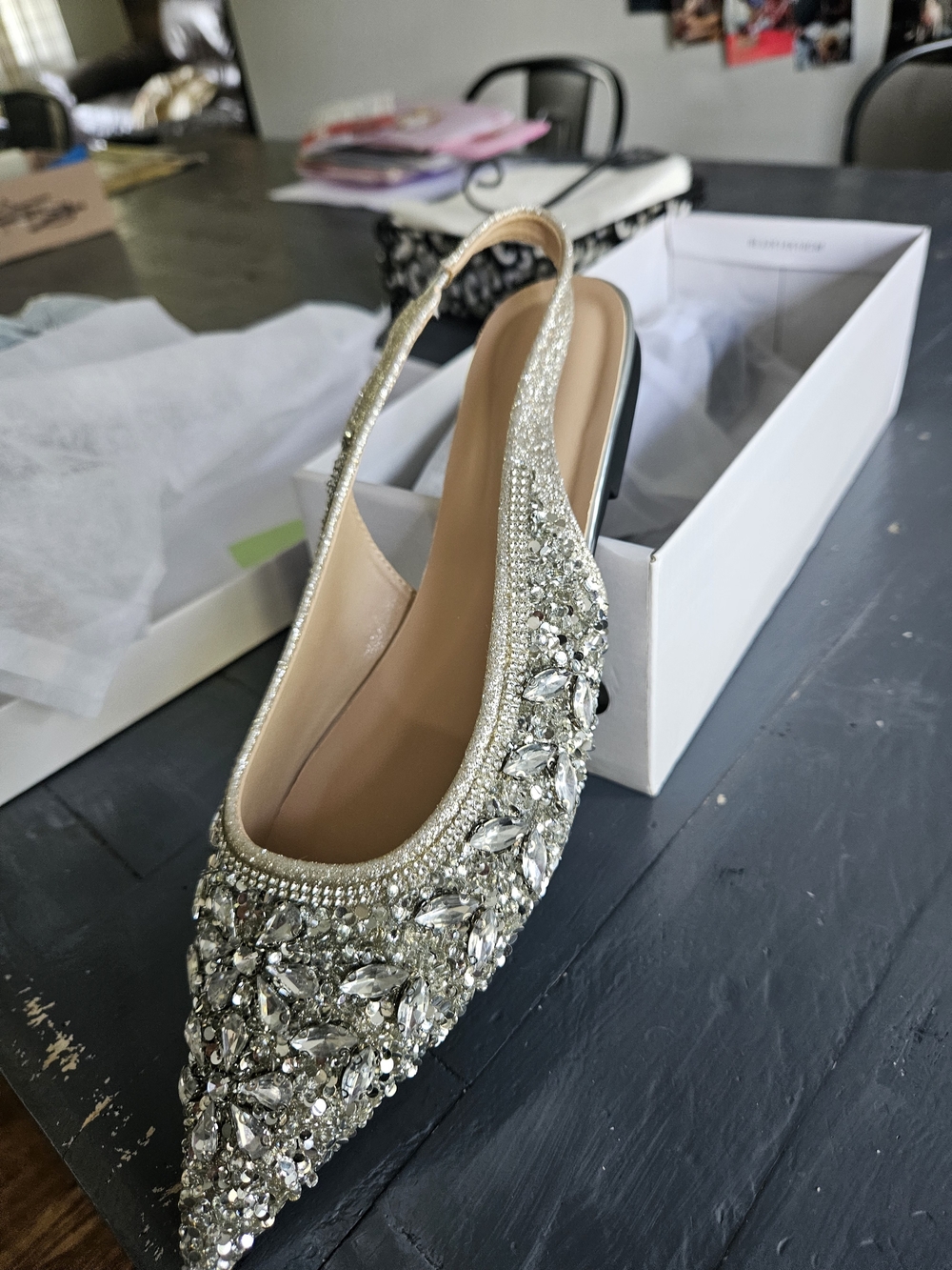 Embellished Silver Slingback Flats - Women